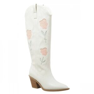 Dixie Bone White and Pink Western Heeled Boots With Floral Embroidery Size 9.5